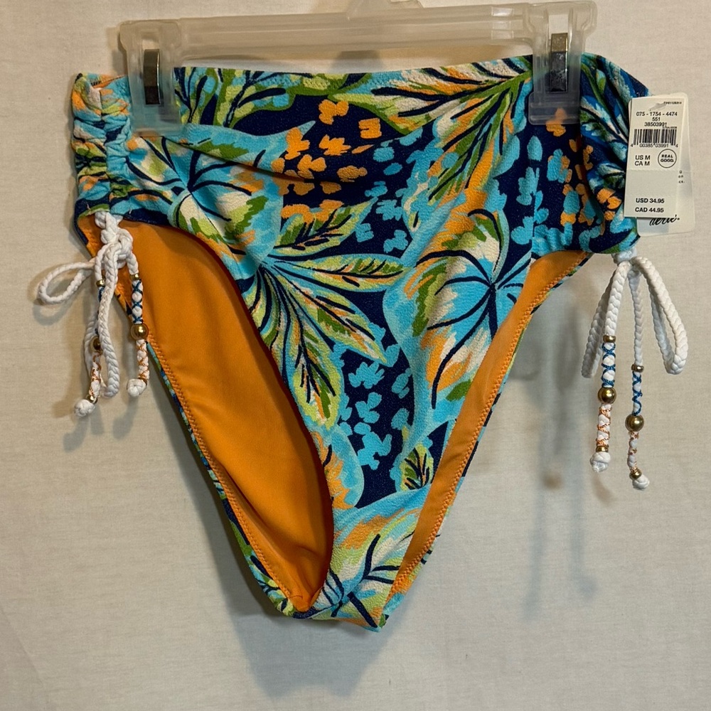 AA-266 Aerie NWT High Cut Cheeky Blue & Orange Floral Bikini Bottoms Size Mβ